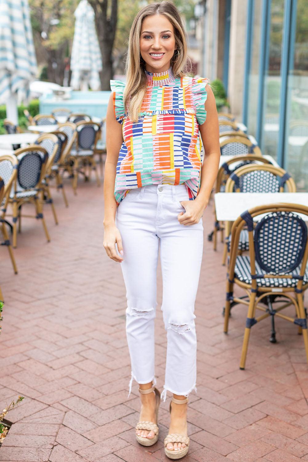 Multicolor Striped Print High Neck Flutter Top - L & M Kee, LLC