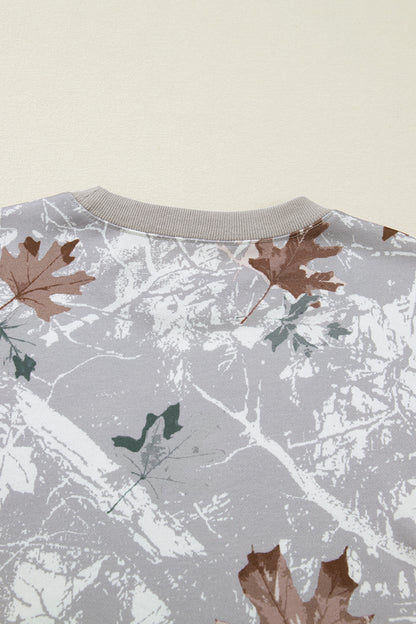 Gray Maple Leaf Camo Print Varsity Striped Sleeve Casual Sweatshirt