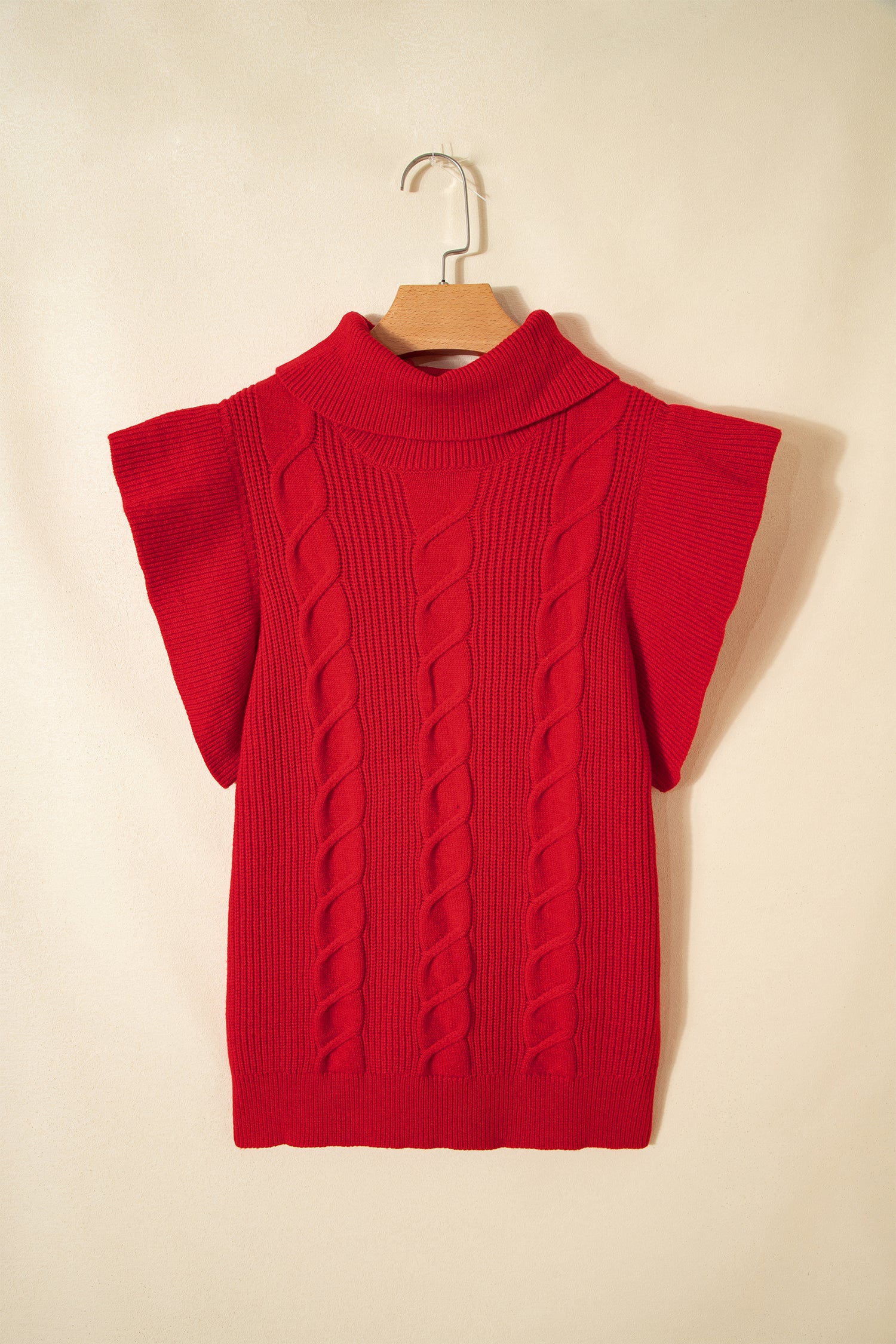Jet Stream Cable Knit Turtleneck Ruffled Short Sleeve Sweater