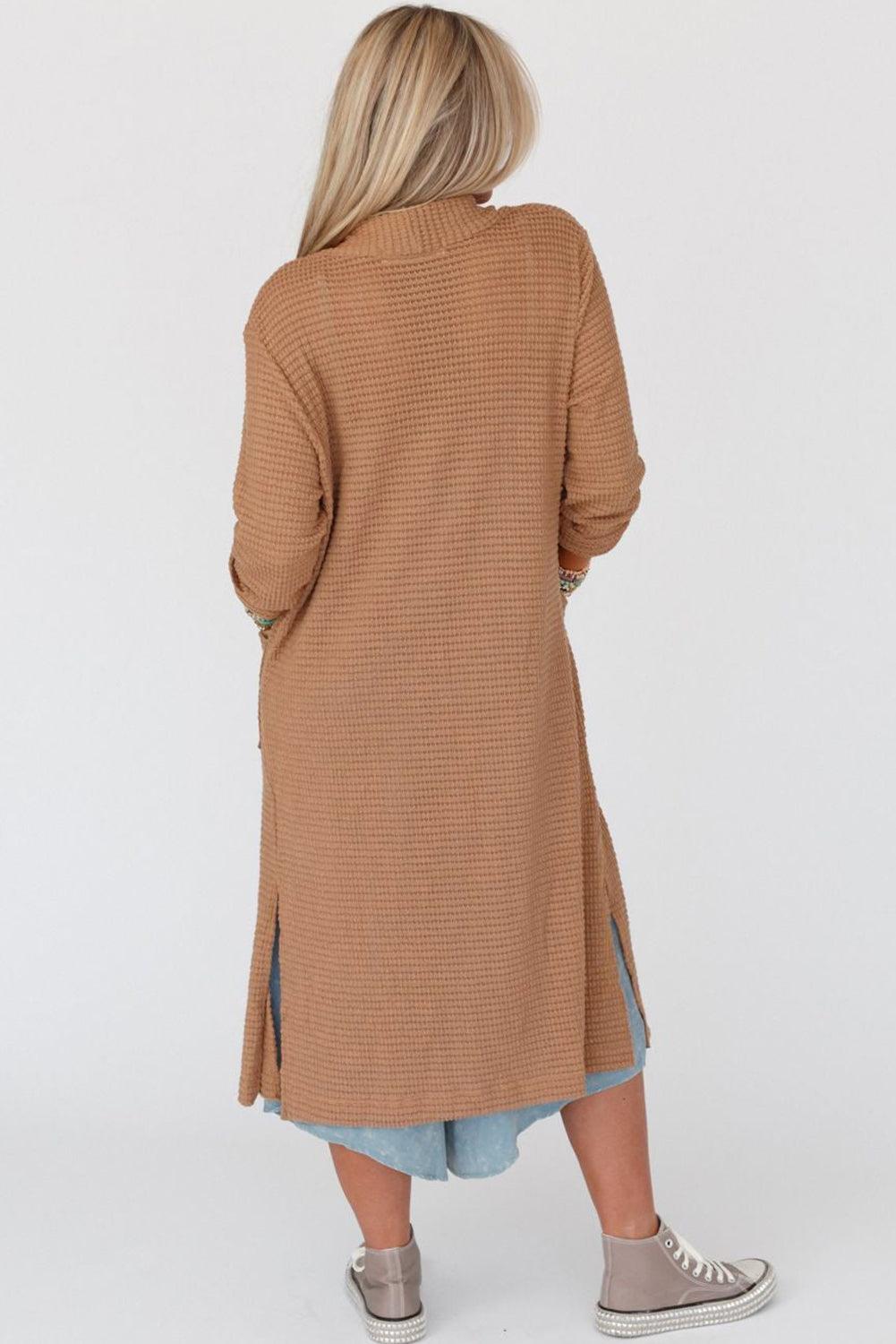 Chestnut Long Waffle Knit Cardigan with Pockets - L & M Kee, LLC