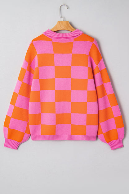 Sachet Pink Checkered Knit Polo Collar Baggy Sweater