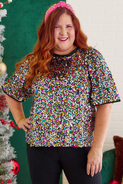 Silvery Vibrant Sequin Plus Size Short Sleeve Top - L & M Kee, LLC