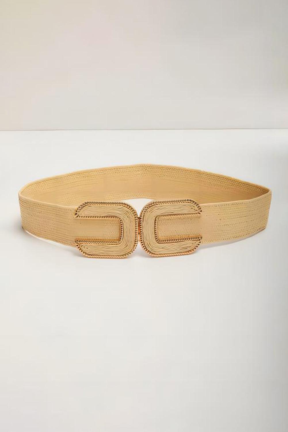 Beige Straw Braided Elastic Wide Belt - L & M Kee, LLC