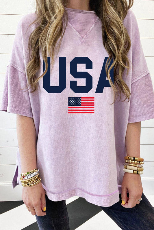 Orchid Petal USA American Flag Print Drop Shoulder Oversized T Shirt - L & M Kee, LLC
