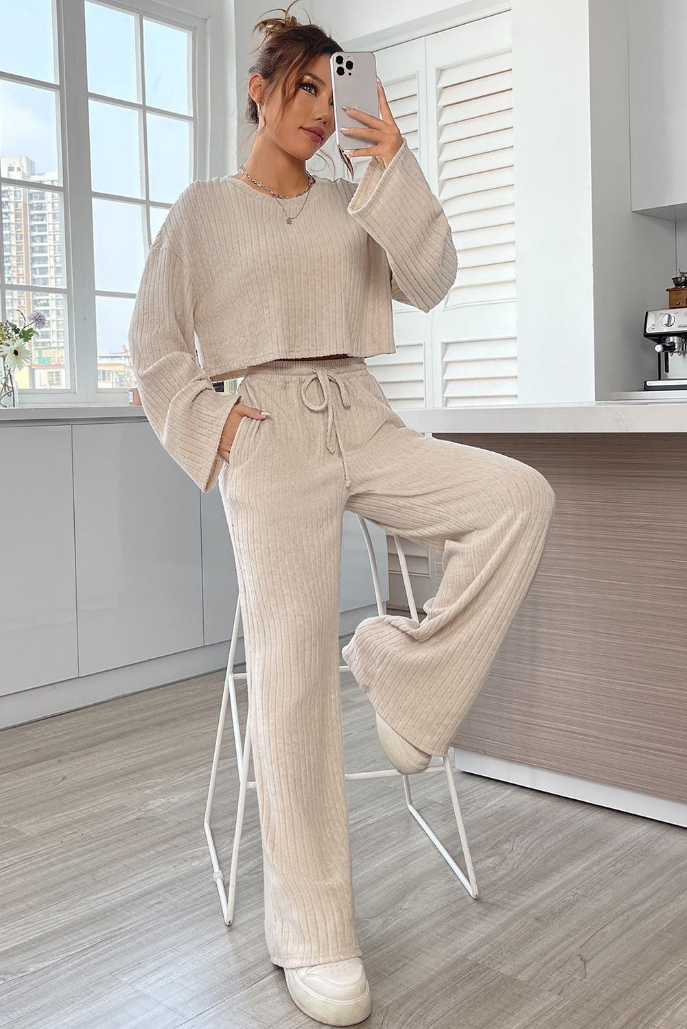 Khaki Ribbed Knit Bell Sleeve Crop Top Drawstring Pants Set - L & M Kee, LLC