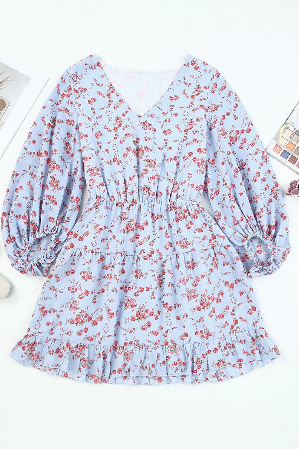 Blue V Neck Lantern Sleeves Floral Tunic Dress - L & M Kee, LLC