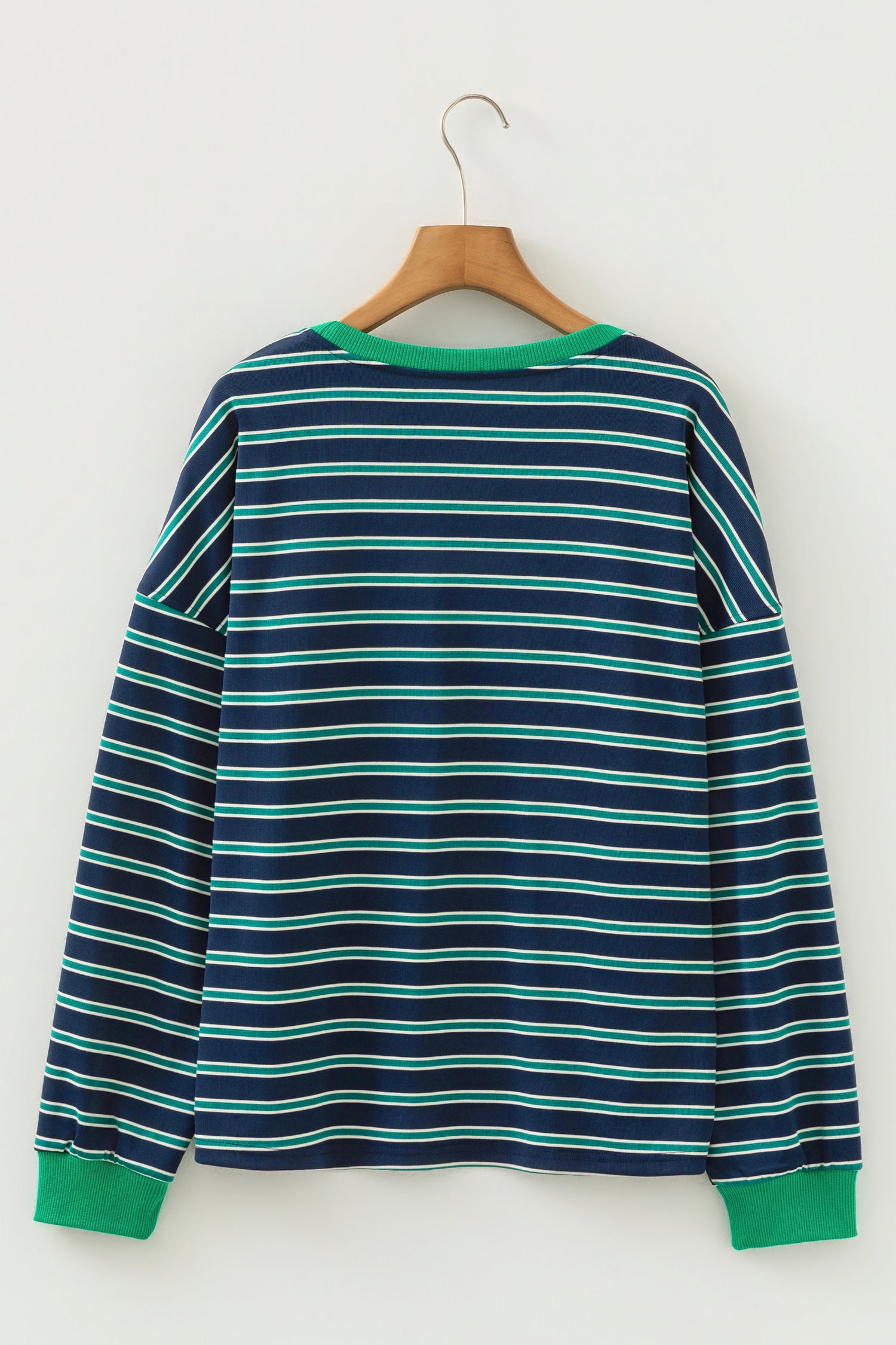 Green Stripe Ribbed Color Block Patchwork Crew Neck Patch Pocket Long Sleeve Top