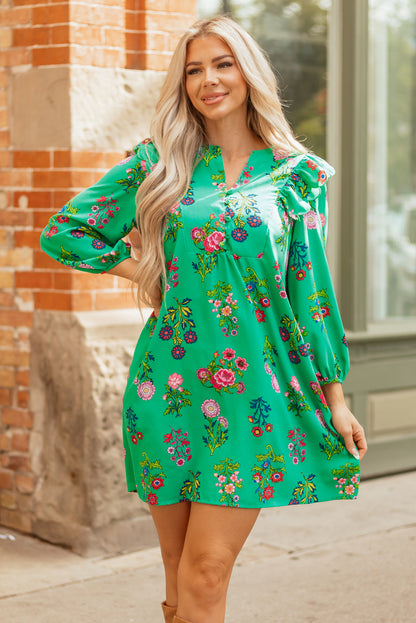 Green Floral Ruffled Three Quarter Sleeve Buttoned Mini Dress
