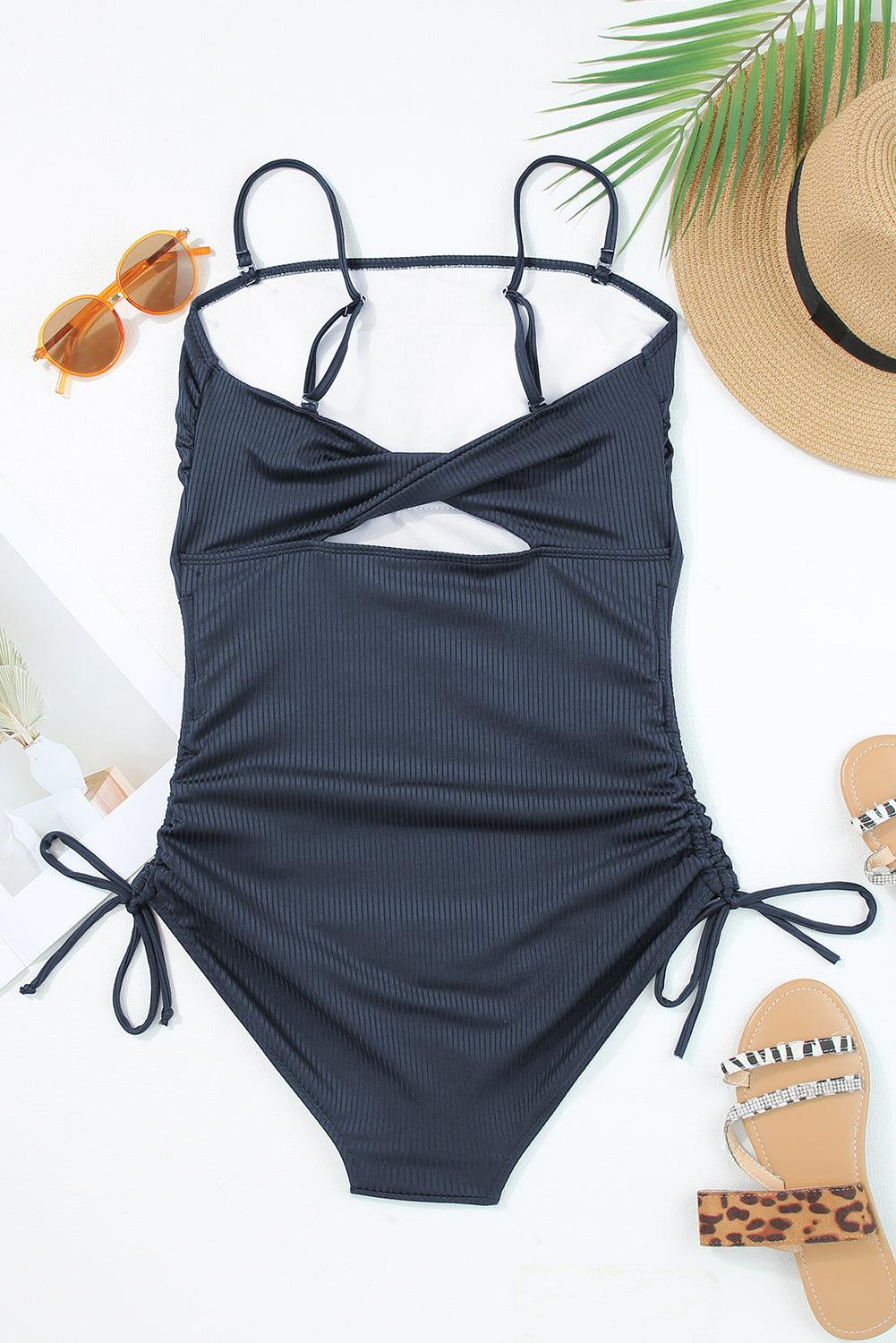 Navy Blue Ribbed Drawstring Sides Cutout One Piece Swimsuit - L & M Kee, LLC