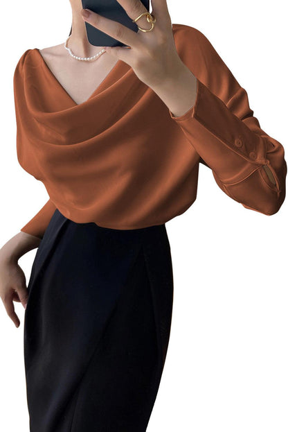 Cowl Neck Long Sleeve Elegant Blouse - L & M Kee, LLC