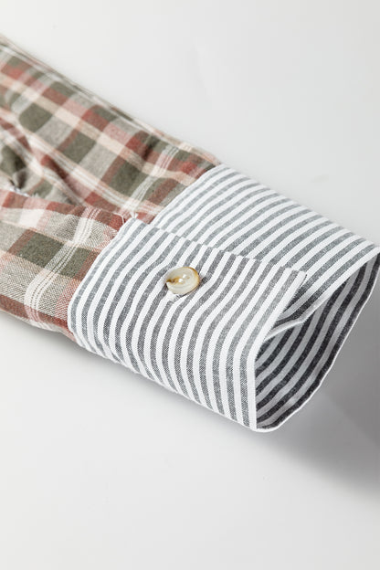 Brown Plaid Print Striped Patchwork Single Chest Pocket Buttoned Shirt