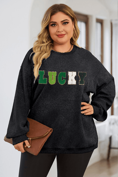 Black Chenille LUCKY Patch Plus Size Corded Sweatshirt - L & M Kee, LLC