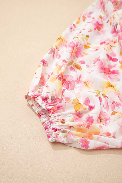 Pink Floral Print Tassel Tie Smocked V Neck Puff Sleeve Tunic Blouse