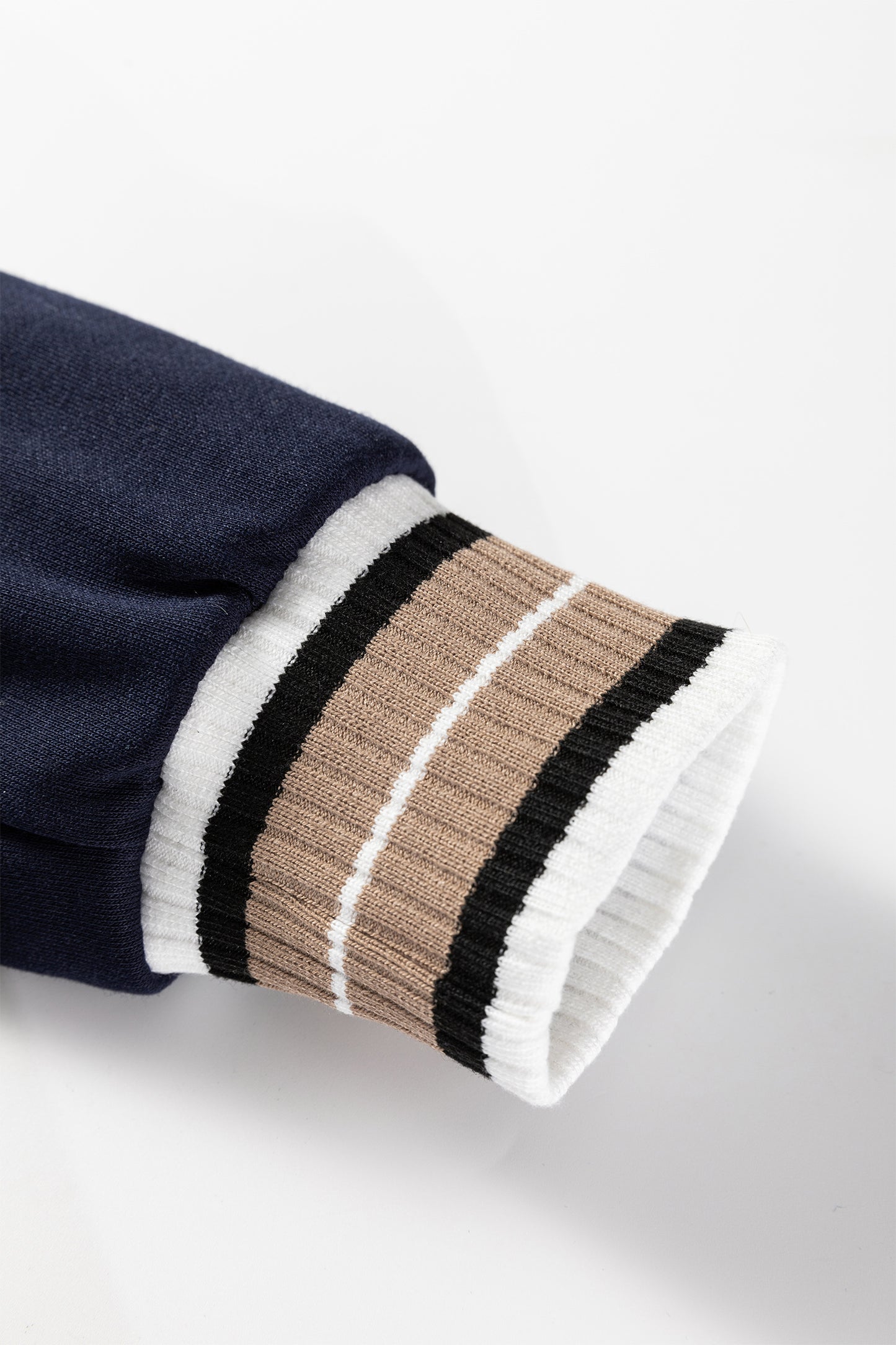 Navy Blue Varsity Contrast Striped Trim V Neck Sweatshirt