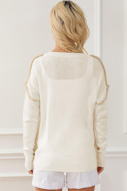 Beige Exposed Stitching Chest Pocket Drop Shoulder Sweater - L & M Kee, LLC