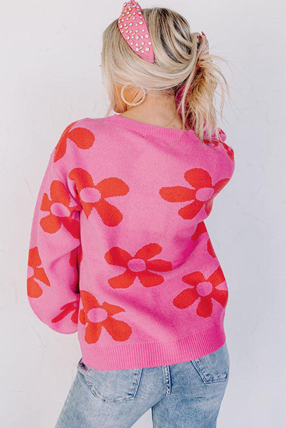 Rose Big Flower Knit Ribbed Trim Sweater - L & M Kee, LLC