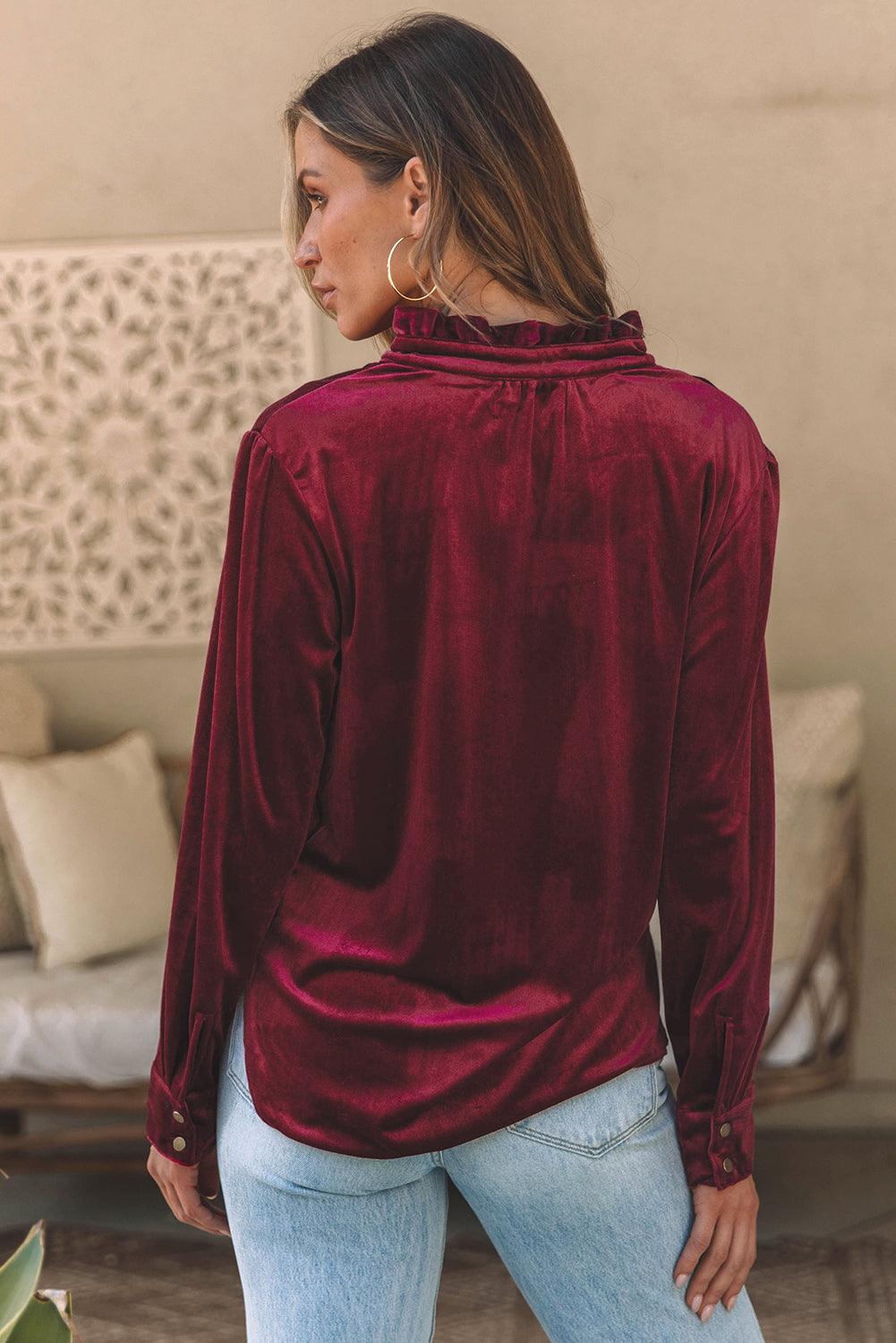 Burgundy Frilled Neck Buttoned Front Velvet Top - L & M Kee, LLC