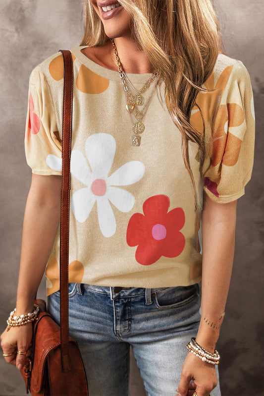 Apricot Flower Print Bubble Sleeve Tee - L & M Kee, LLC