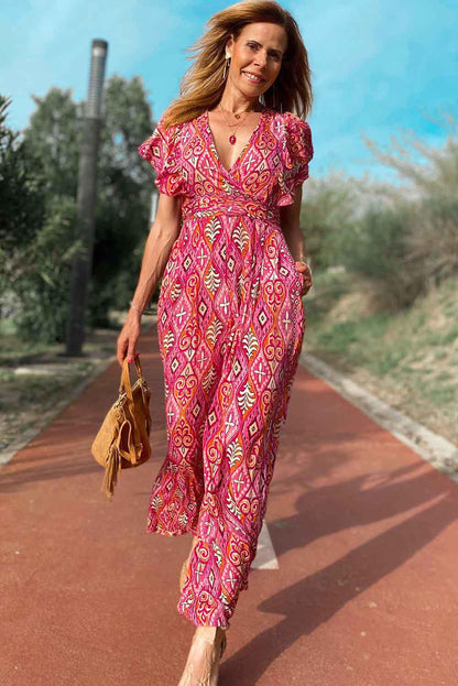 Printed V Neck Button Open Back Wide Leg Jumpsuit - L & M Kee, LLC