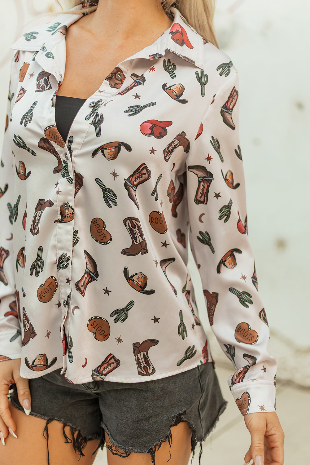 White Western Fashion Print Button Up Casual Shirt