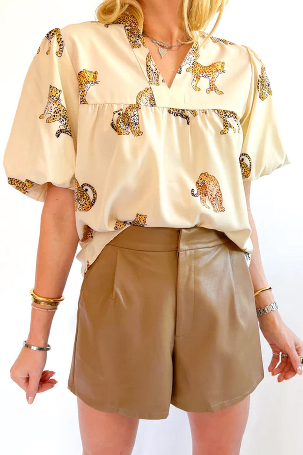 Apricot Cheetah Printed Split Neck Puff Sleeve Blouse - L & M Kee, LLC