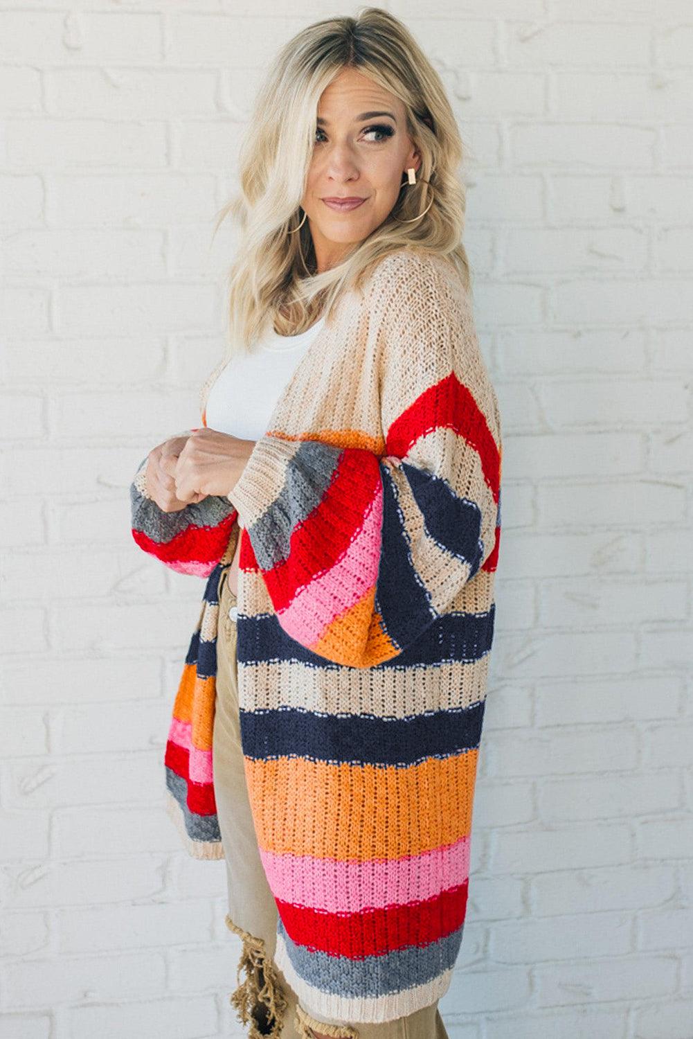 Stripes Knitted Balloon Sleeve Open Cardigan - L & M Kee, LLC