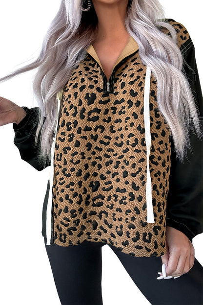 Brown Leopard Patchwork Contrast Stitching Knotted Cuff Quarter Zip Hoodie