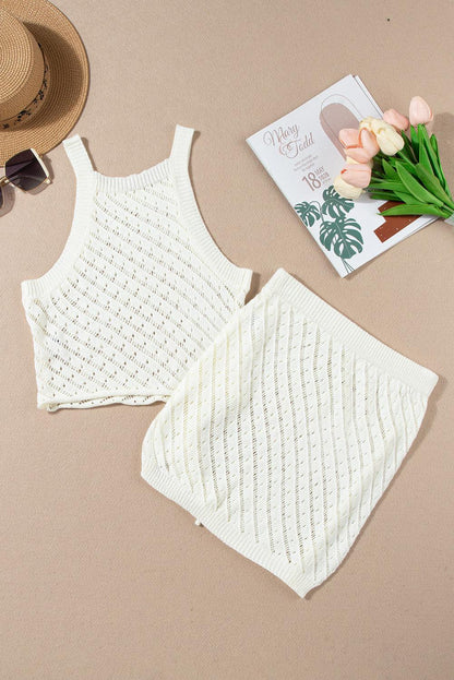 White Hollowed Crochet Cropped 2 Piece Beach Dress - L & M Kee, LLC