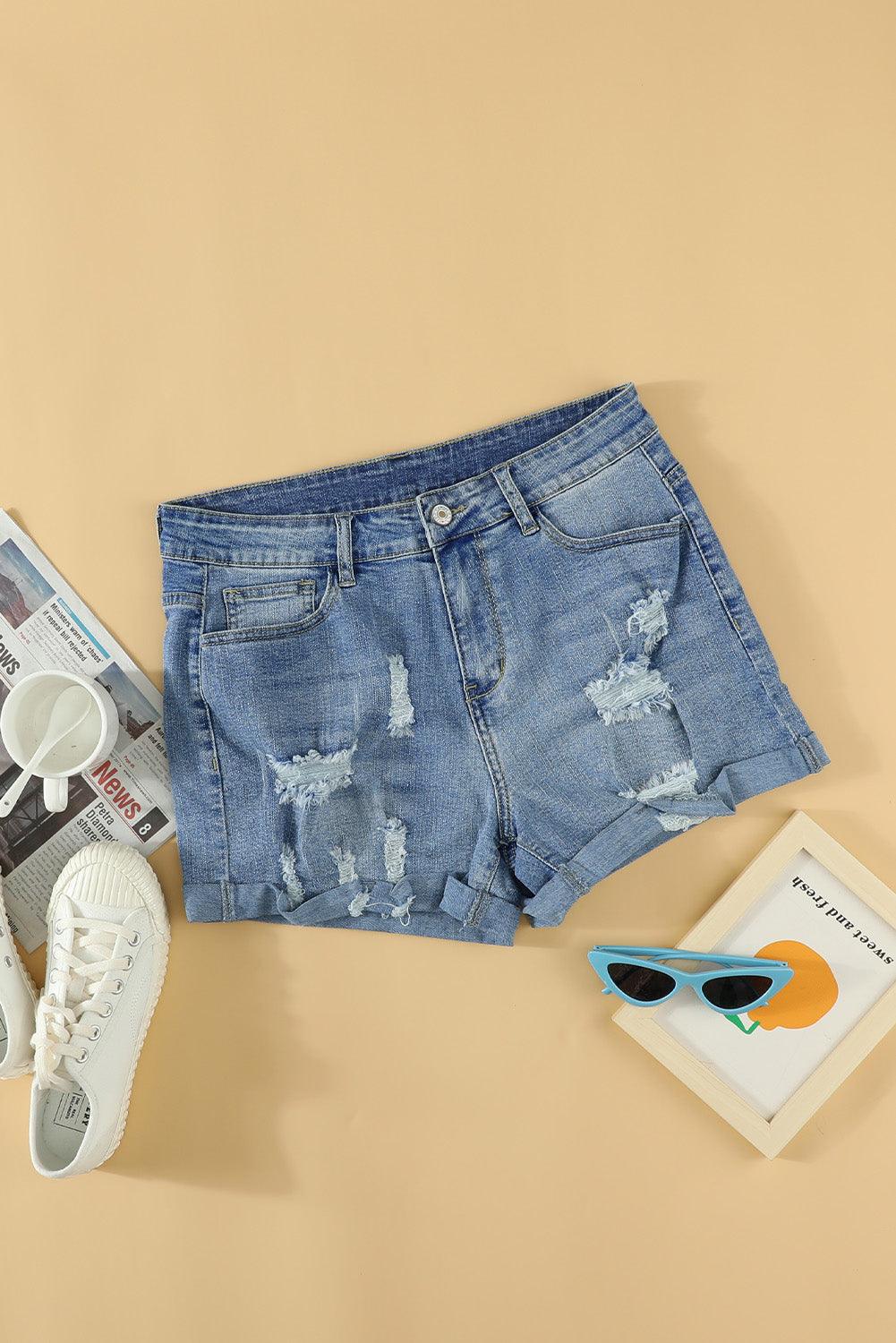 Blue Vintage Faded and Distressed Denim Shorts
