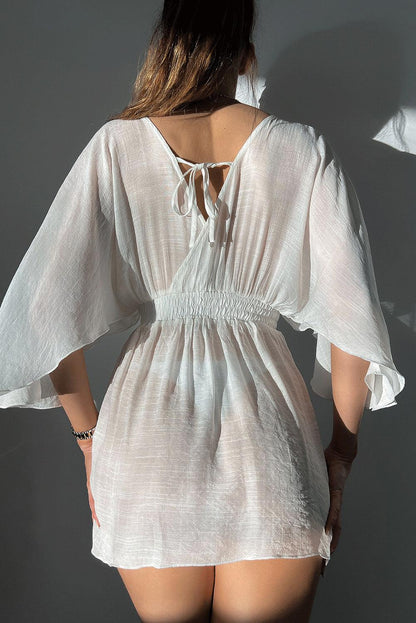 White Semi-sheer Wrapped Flowy Sleeve Beach Dress - L & M Kee, LLC