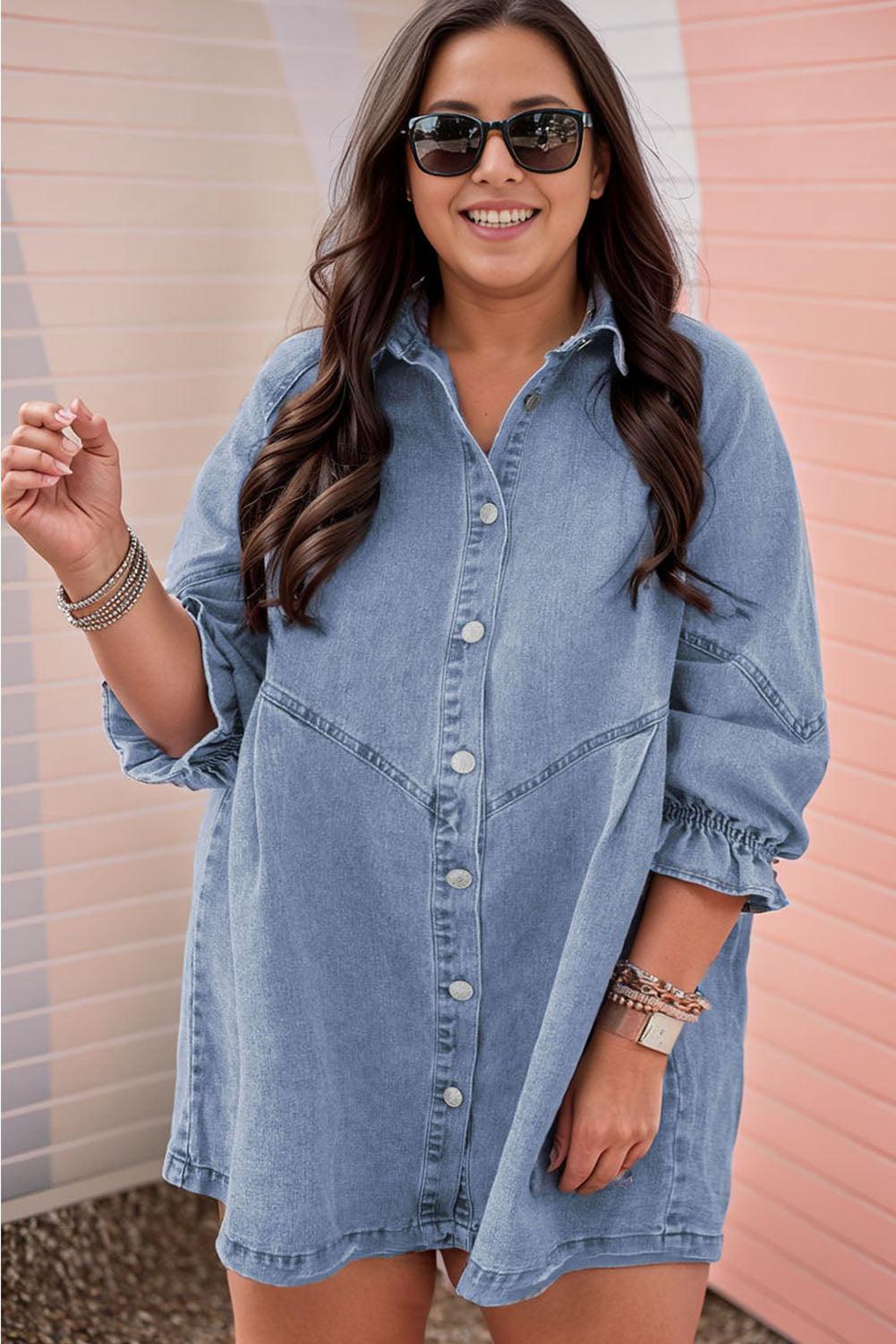 Light Blue Ruffled 3/4 Sleeve Buttoned Front Plus Size Denim Dress - L & M Kee, LLC