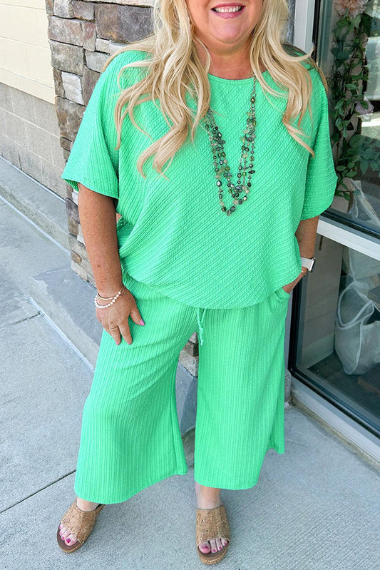 Mint Green Textured Batwing Sleeve Tee Wide Leg Pants Plus Size Set - L & M Kee, LLC