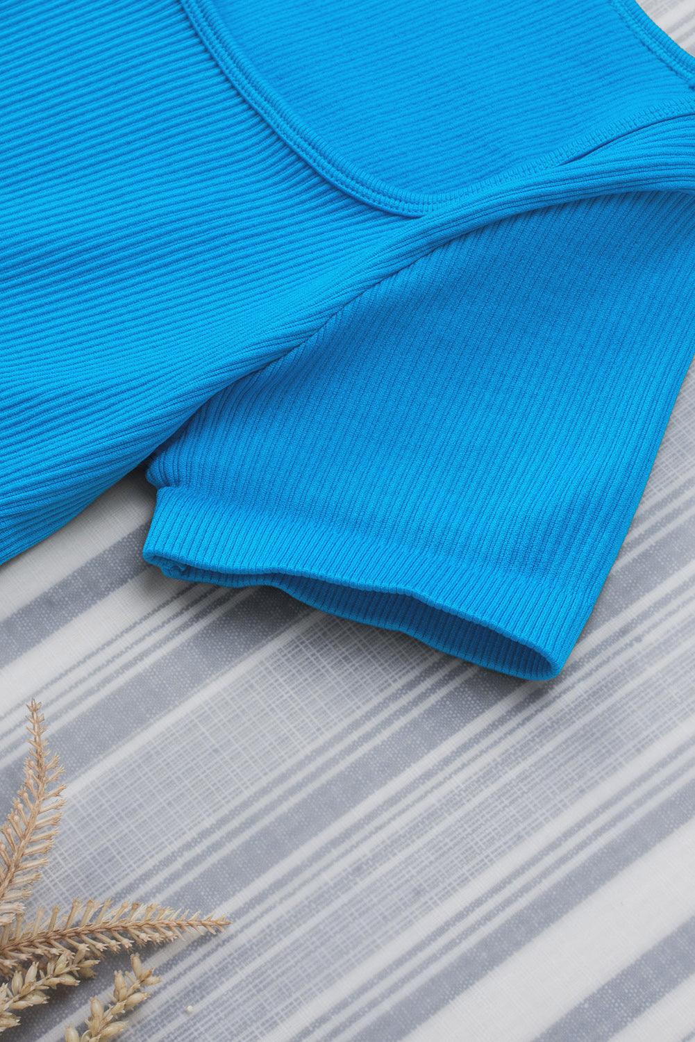 Sky Blue Ribbed Square Neck Short Sleeve Athleisure Romper