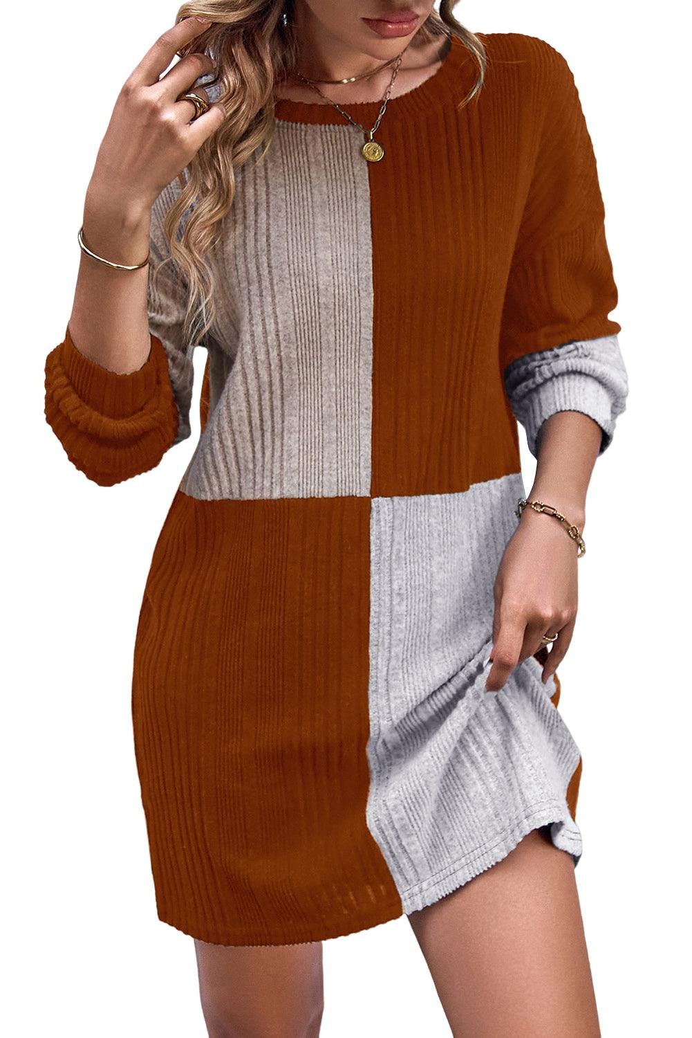 Black Ribbed Color Block Drop Shoulder Long Sleeve Mini Dress - L & M Kee, LLC