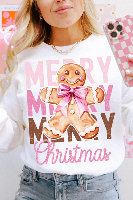 Beige Merry Christmas Gingerbread Man Graphic Sweatshirt