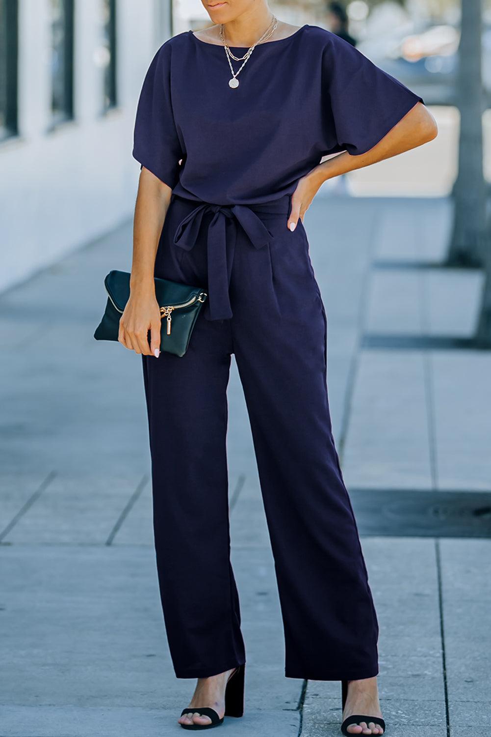 Blue Oh So Glam Belted Wide Leg Jumpsuit - L & M Kee, LLC