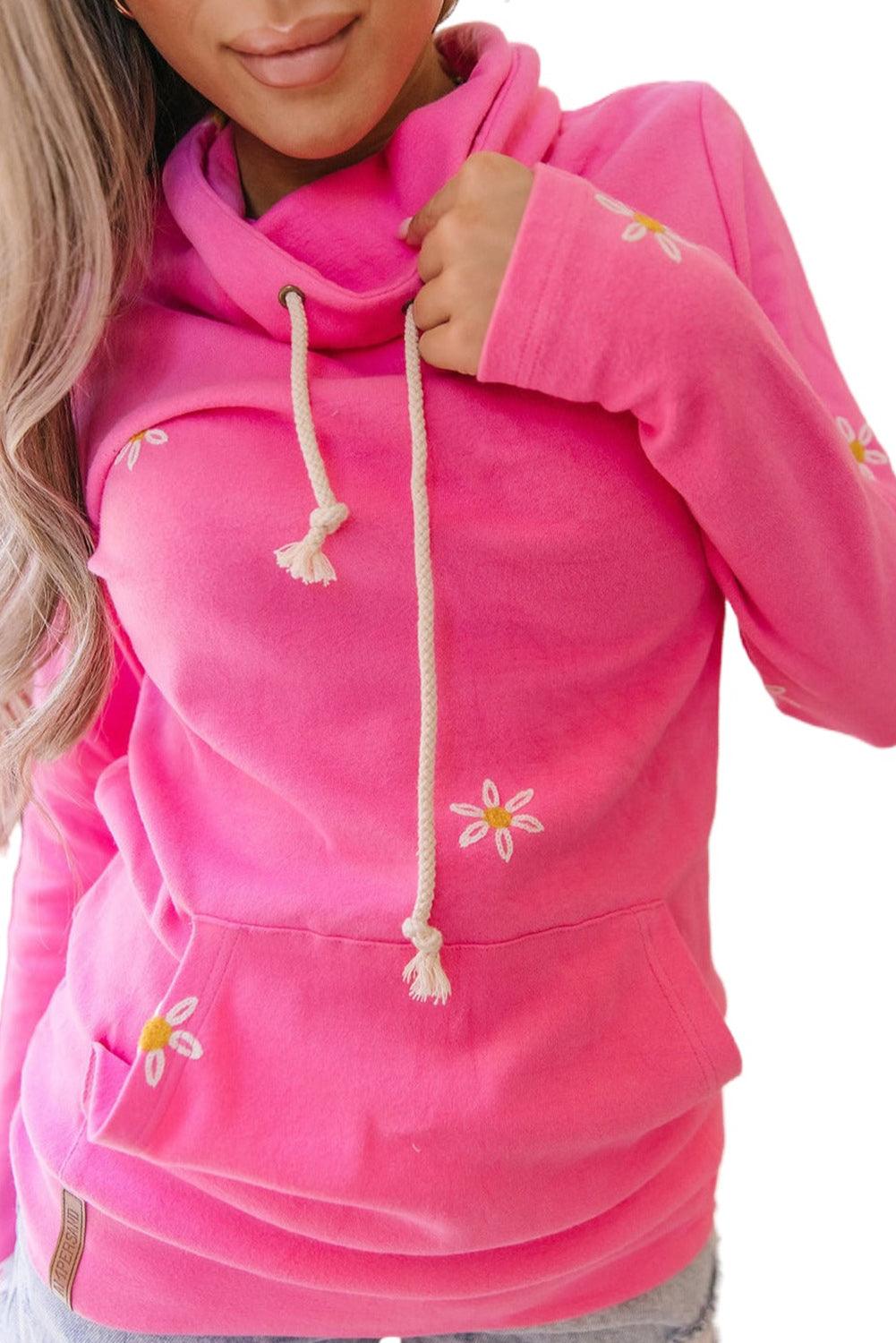 Pink Flower Embroidered Thumbhole Sleeve Cowl Neck Sweatshirt - L & M Kee, LLC