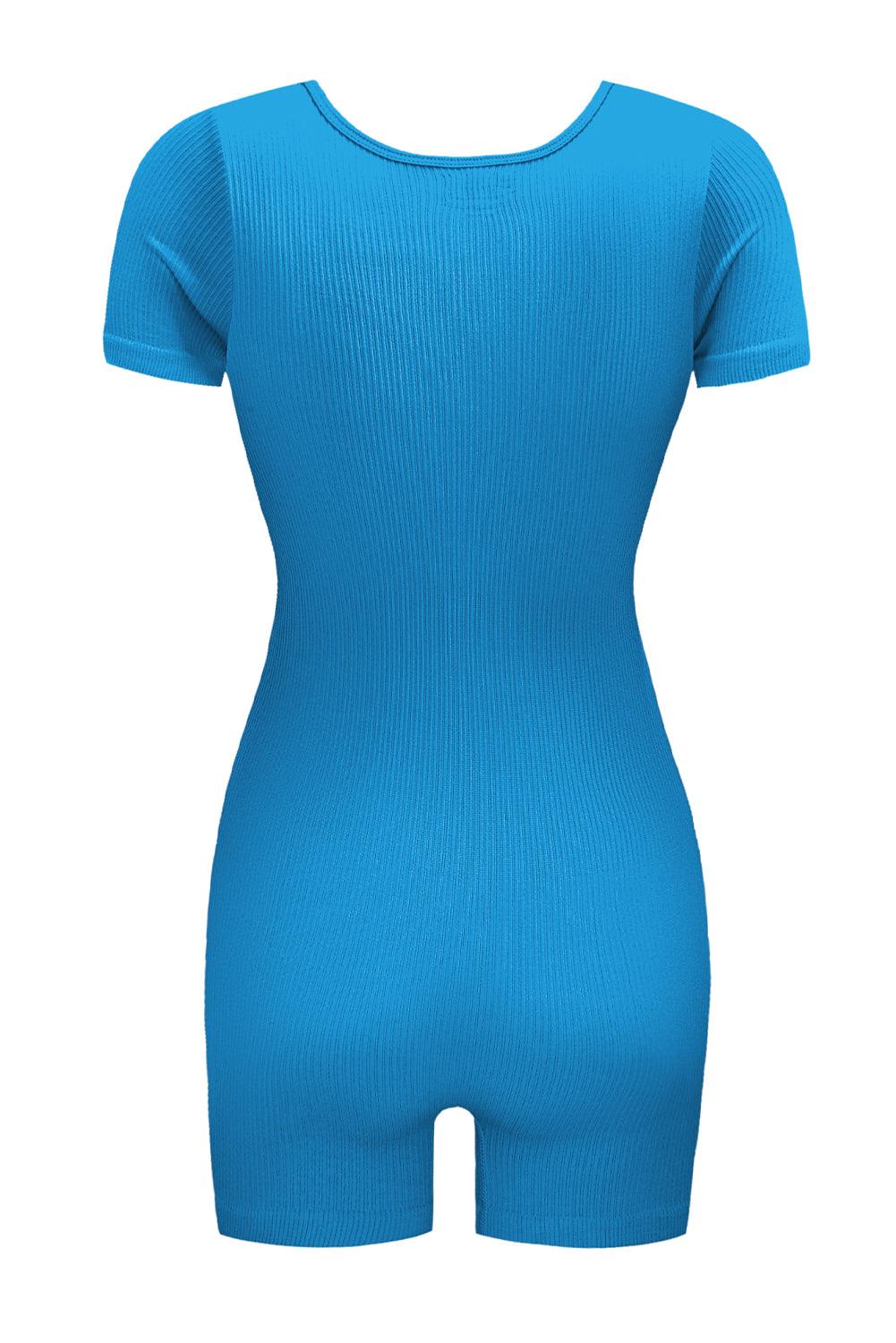 Sky Blue Ribbed Square Neck Short Sleeve Athleisure Romper - L & M Kee, LLC