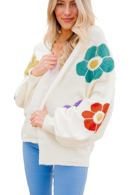 White Flower Jacquared Bubble Sleeve Open Cardigan - L & M Kee, LLC