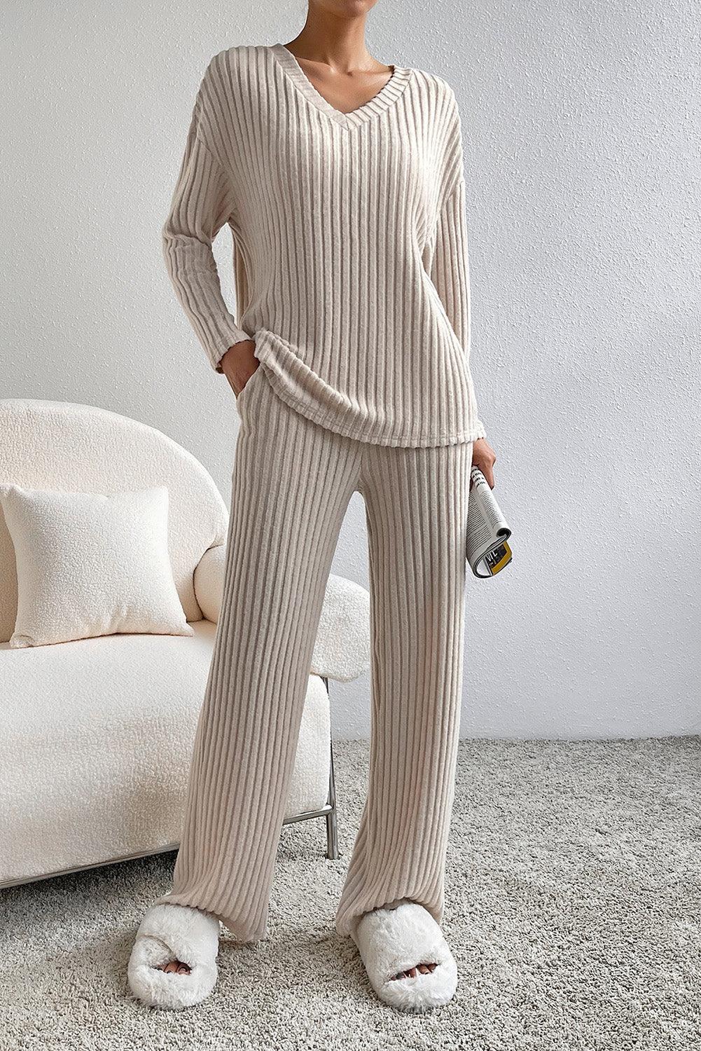 Khaki Ribbed Knit Bell Sleeve Crop Top Drawstring Pants Set - L & M Kee, LLC