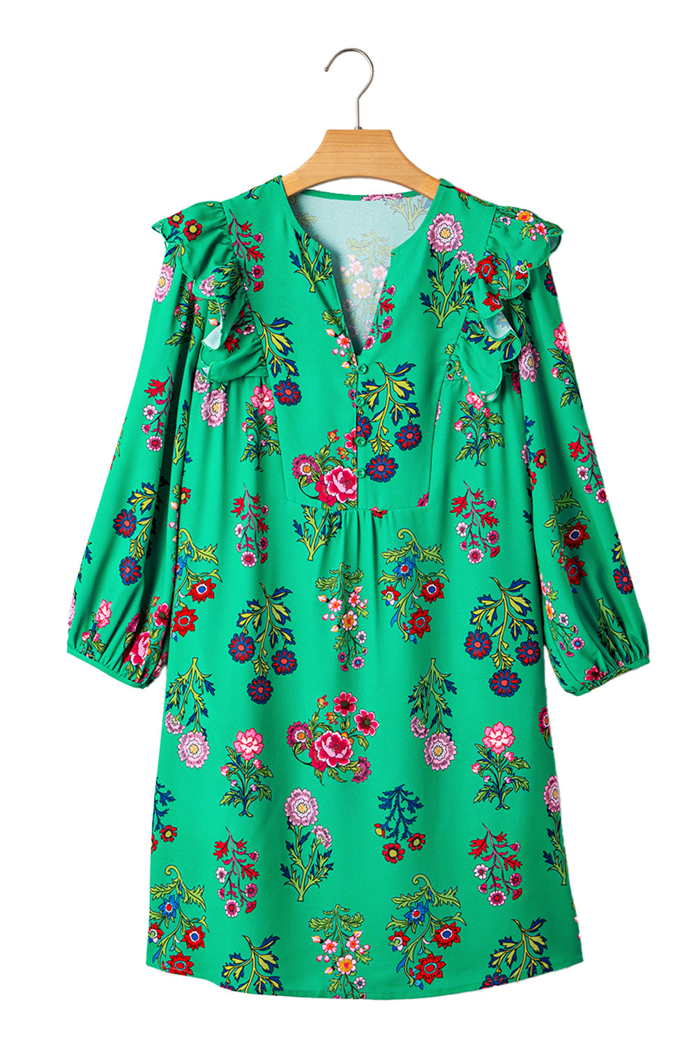 Green Floral Ruffled Three Quarter Sleeve Buttoned Mini Dress
