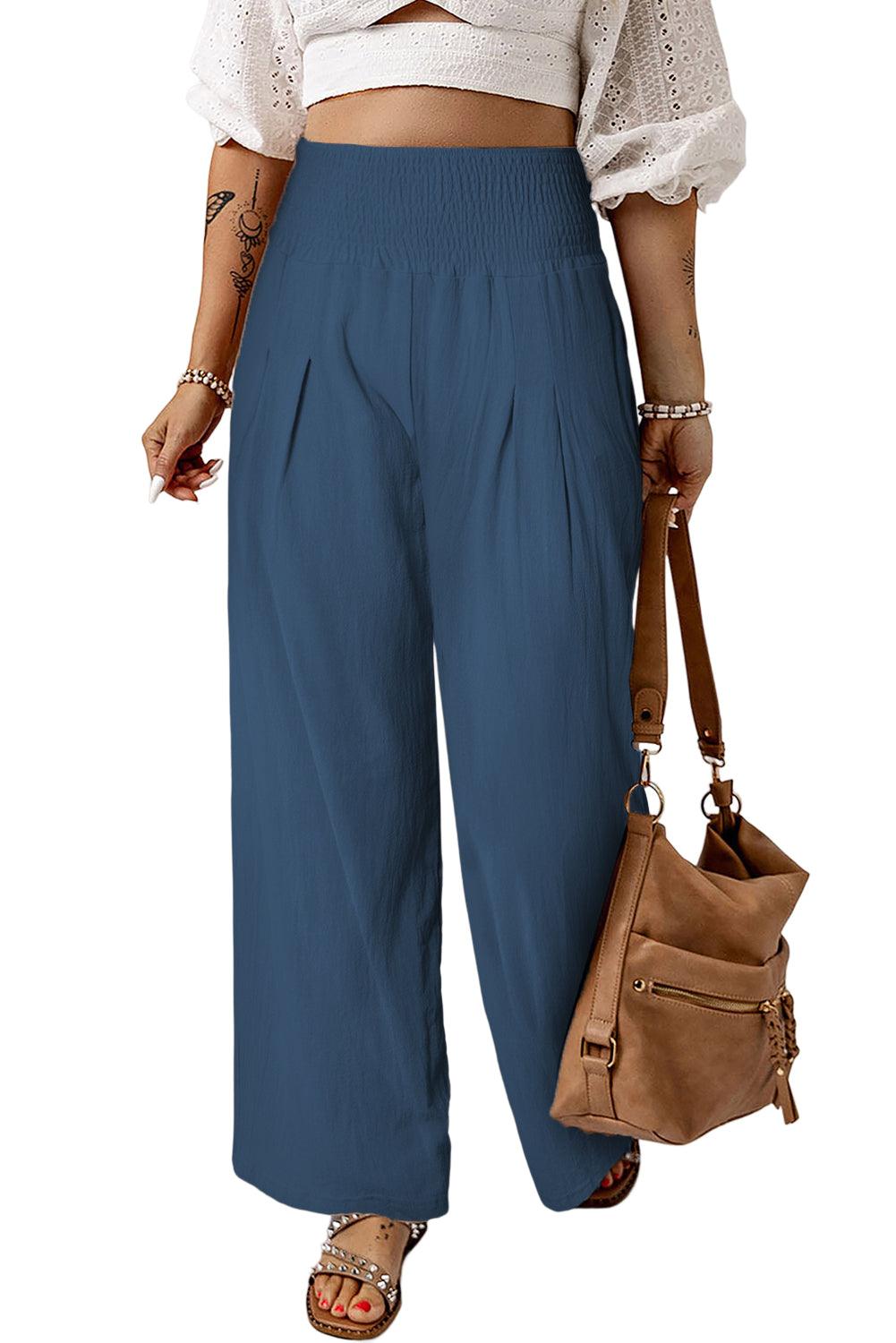 Khaki Smocked Wide Waistband High Waist Wide Leg Pants - L & M Kee, LLC