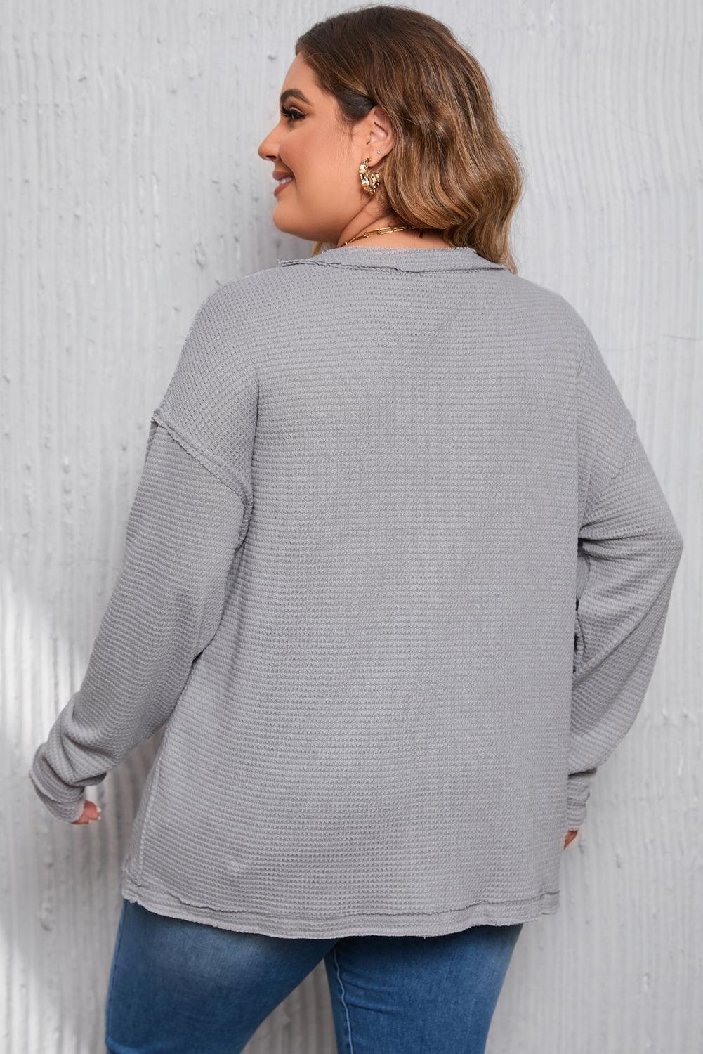 Gray Plus Size V Neck Raw Edge Long Sleeve Top - L & M Kee, LLC