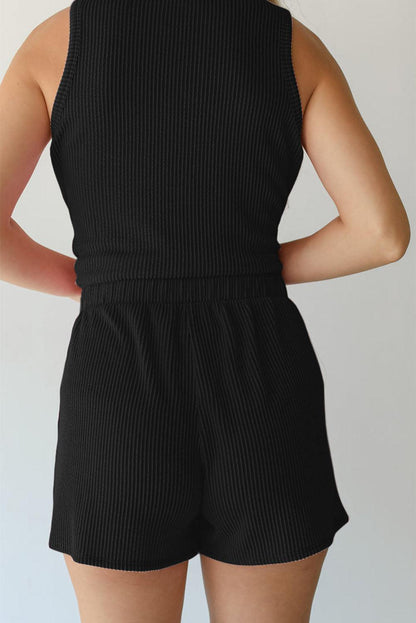 Black Corded Sleeveless Top and Pocketed Shorts Set - L & M Kee, LLC