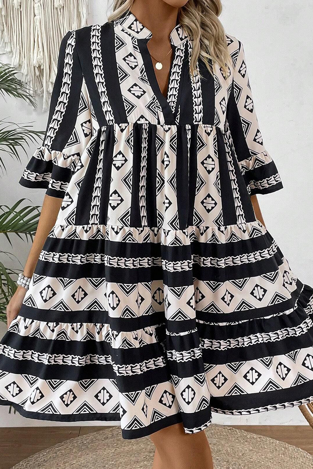 Blue Geometric Print V Neck Ruffled Dress