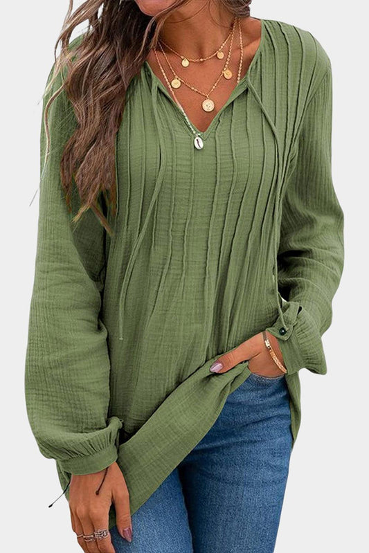 Green Casual Pleated V Neck Textured Loose Top - L & M Kee, LLC