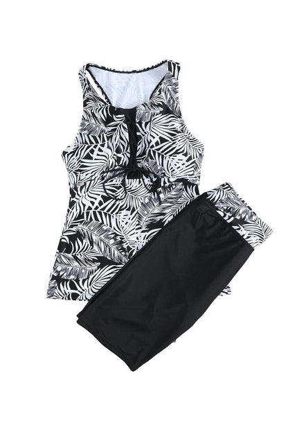 Stripe Floral Print Racerback Tankini Swimsuit - L & M Kee, LLC