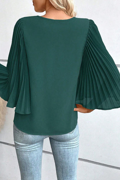 Blackish Green 3/4 Pleated Bell Sleeve V Neck Blouse - L & M Kee, LLC