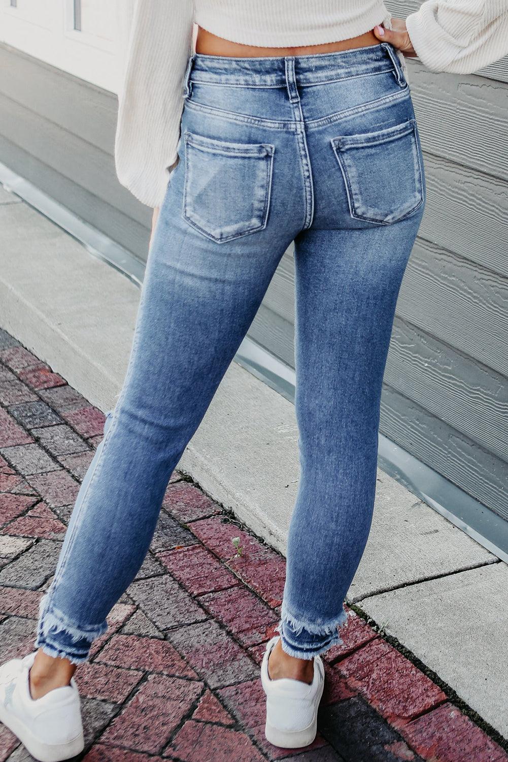 Light Blue Distressed Frayed Ankle Skinny Jeans - L & M Kee, LLC