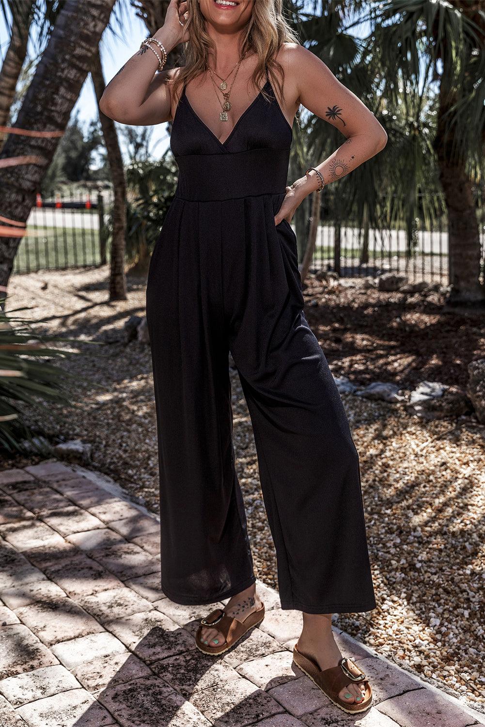 Black Wide Leg High Waist Sexy V Neck Cami Jumpsuit - L & M Kee, LLC